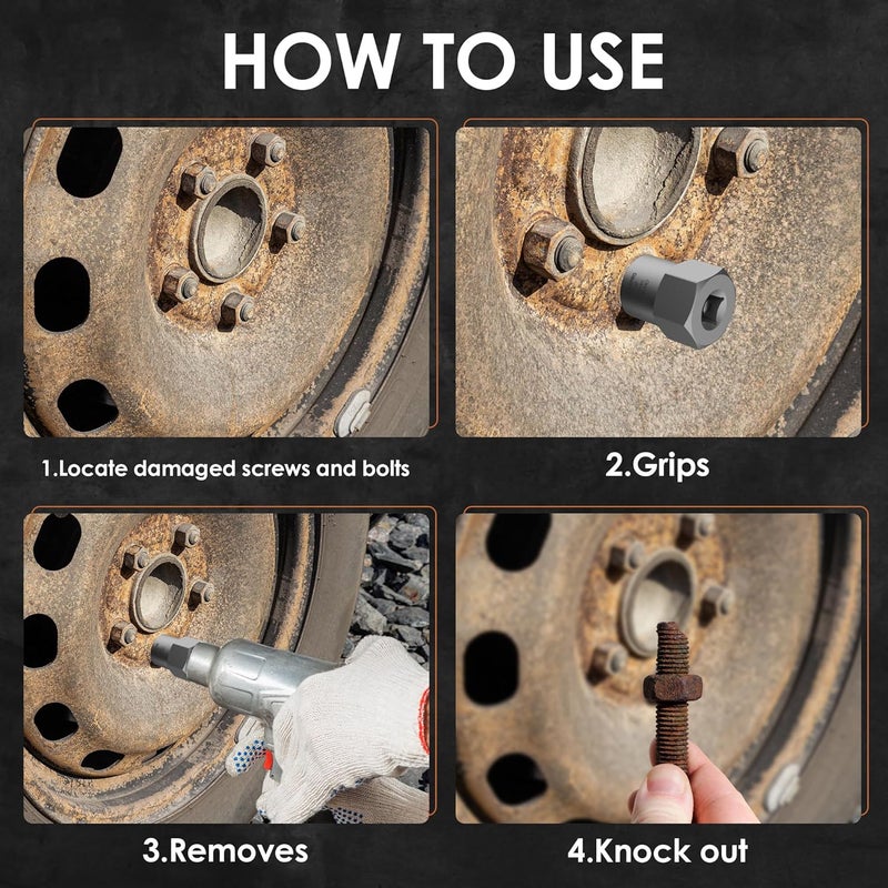 YEKEPRO 5-Piece Heavy Duty Bolt Extractor Set, 1/2" Drive Impact Lug Nut Remover Tool, Large Size 19-25mm for Removing Stripped, Damaged, Rusted Nuts, Bolts, and Studs - Image 4